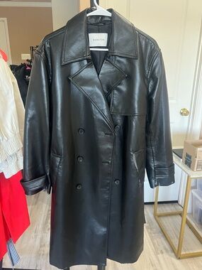 Babaton Black Faux Leather Double-Breasted Trench